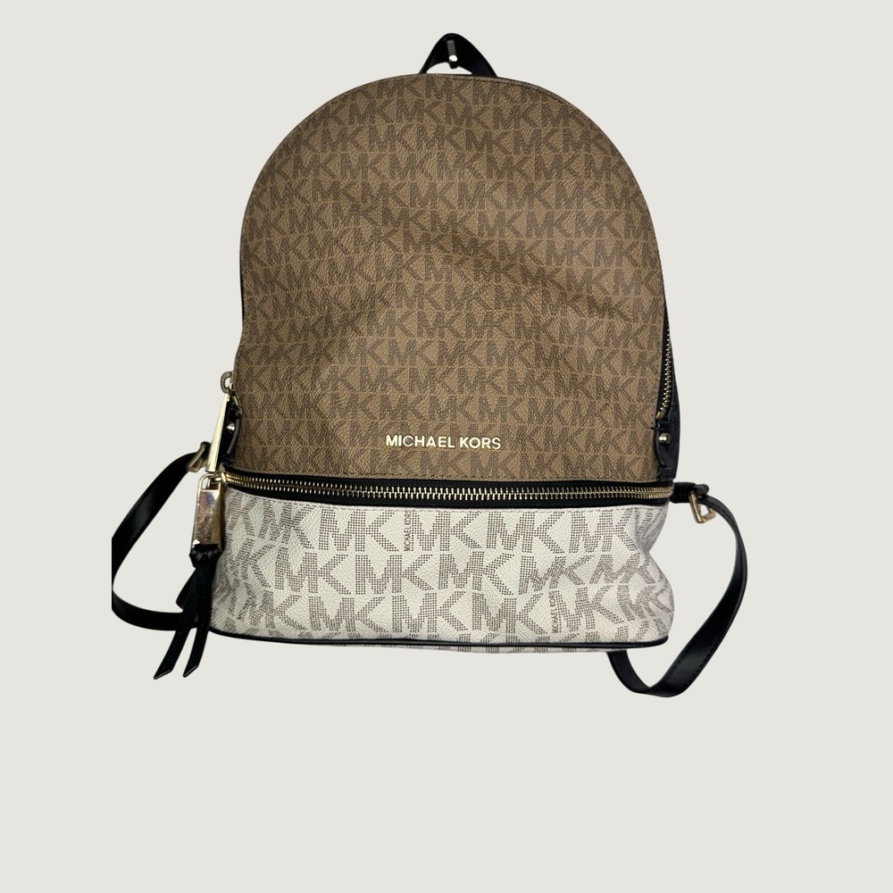 Michael Kors Rhea Women Color-Block Logo Zip Pocket Backpack Monogram Leather
